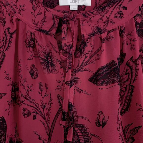 LOFT Floral Butterfly Peasant Blouse Pink Sheer Tie Neck Keyhole Womens Medium - Picture 4 of 10